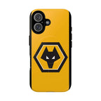 Wolves FC MagSafe iPhone case with gold and black wolf crest, dual layer protection, and wireless charging compatibility