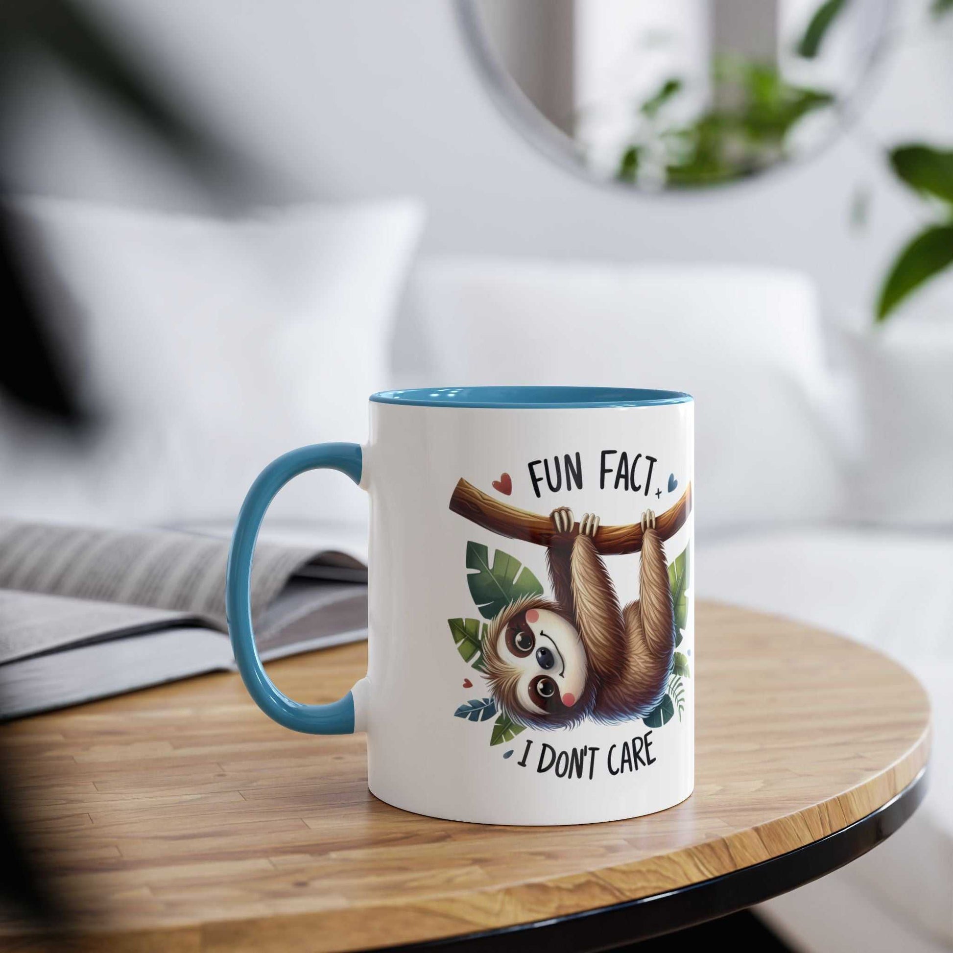 Cute sloth coffee mug with whimsical design on a wooden table, ideal for gifting.