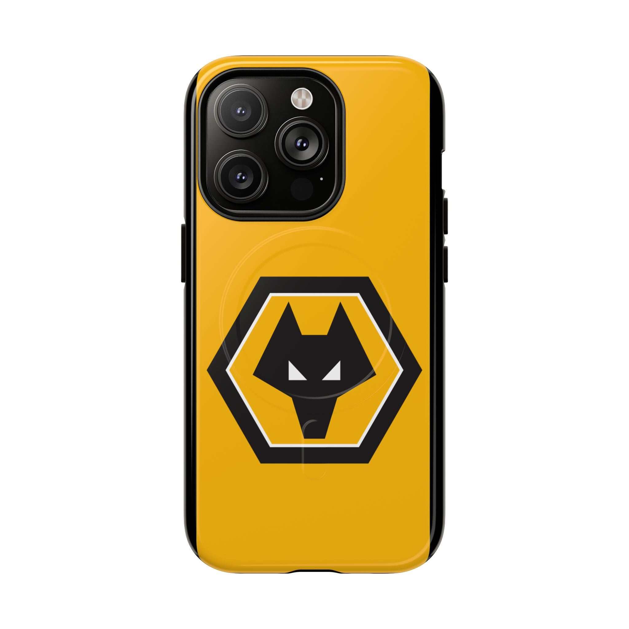 Wolves FC MagSafe iPhone case with gold and black club colors and official-inspired crest, dual-layer protective design, MagSafe compatible.