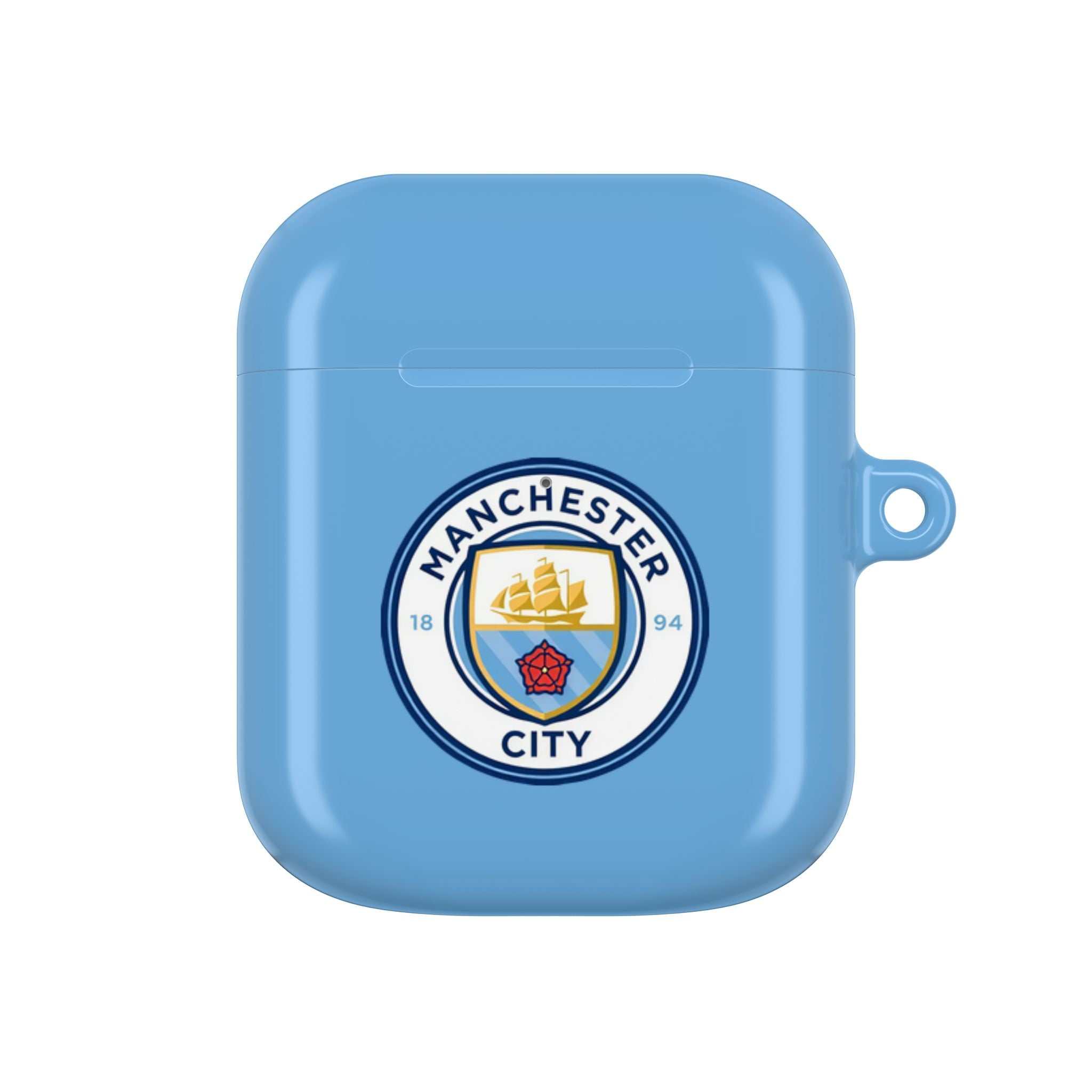 Manchester City FC AirPods protective case in sky blue with club crest, durable and shock-resistant for AirPods and AirPods Pro