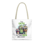 Cheeky fun cactus tote bag with colorful handles, durable polyester, and playful design for everyday use