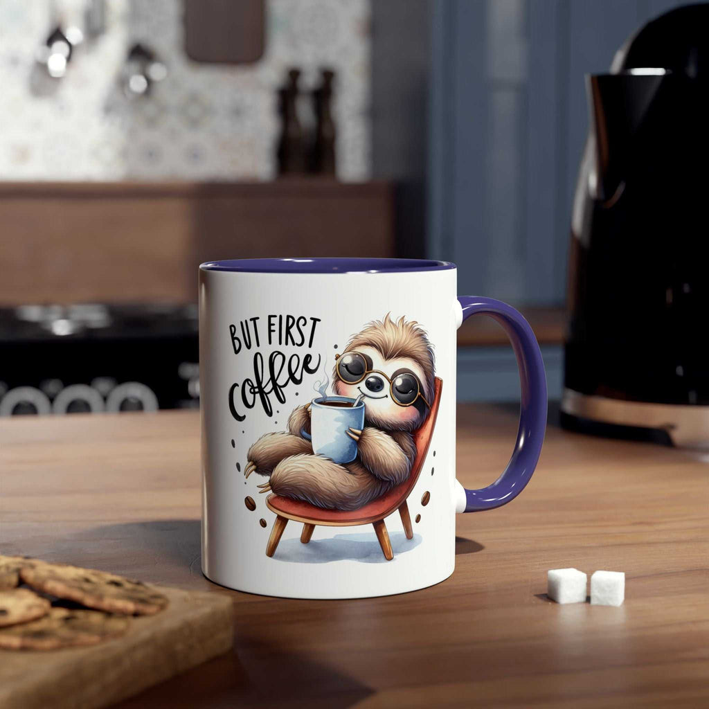 Cute sloth coffee mug with printed design, perfect for animal lovers; 11oz ceramic, microwave and dishwasher safe.