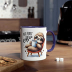 Cute sloth coffee mug with printed design, perfect for animal lovers; 11oz ceramic, microwave and dishwasher safe.