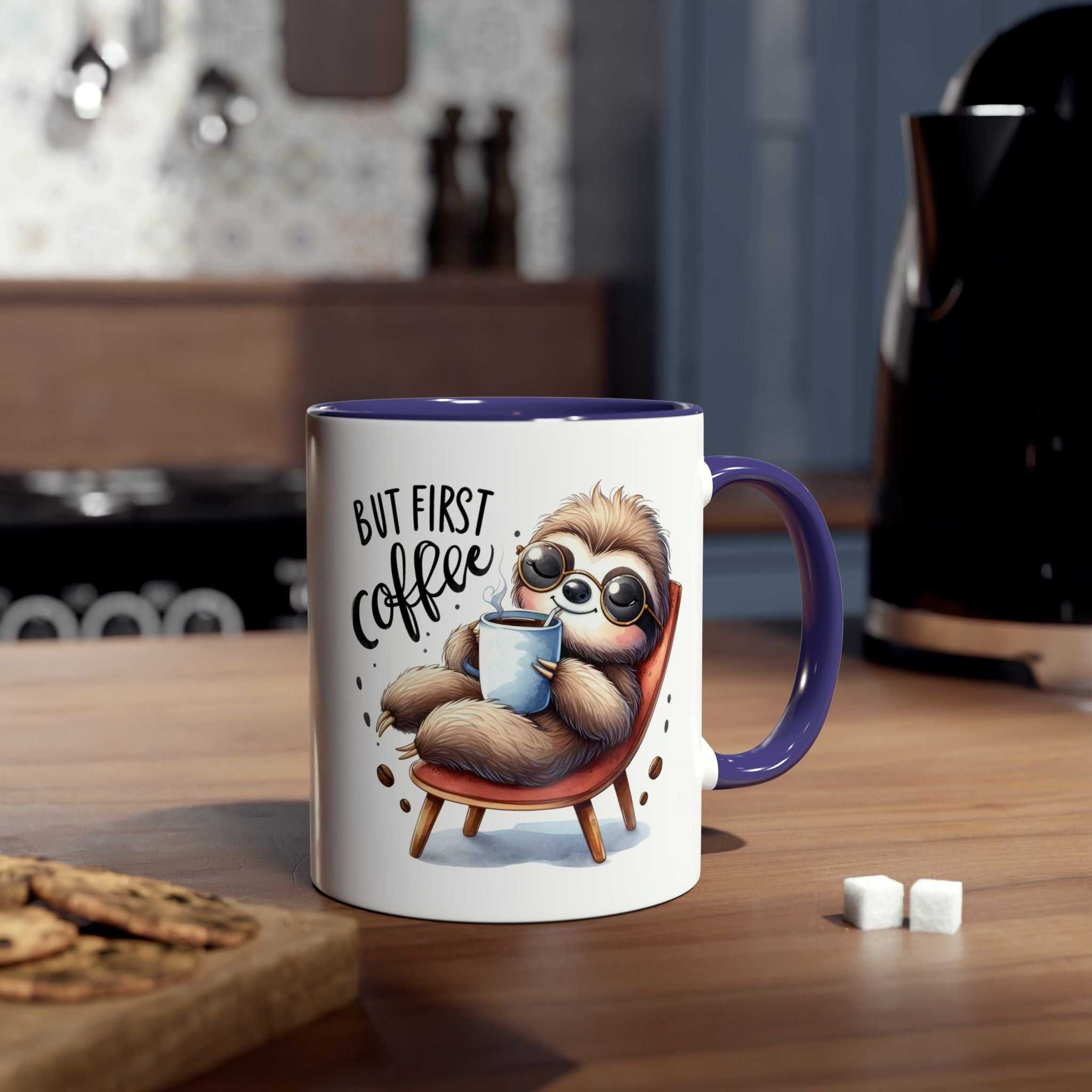 Cute sloth coffee mug with printed design, perfect for animal lovers; 11oz ceramic, microwave and dishwasher safe.