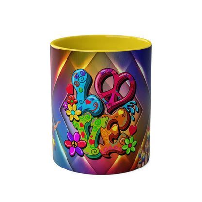 LGBTQ+ Pride Mug with vibrant rainbow design and "Love" graphic, ceramic and glossy finish.