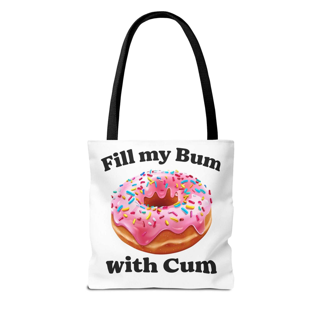 Provocative Donut Tote Bag with cheeky design, durable spun polyester, multiple sizes, and colorful handles.