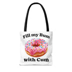 Provocative Donut Tote Bag with cheeky design, durable spun polyester, multiple sizes, and colorful handles.