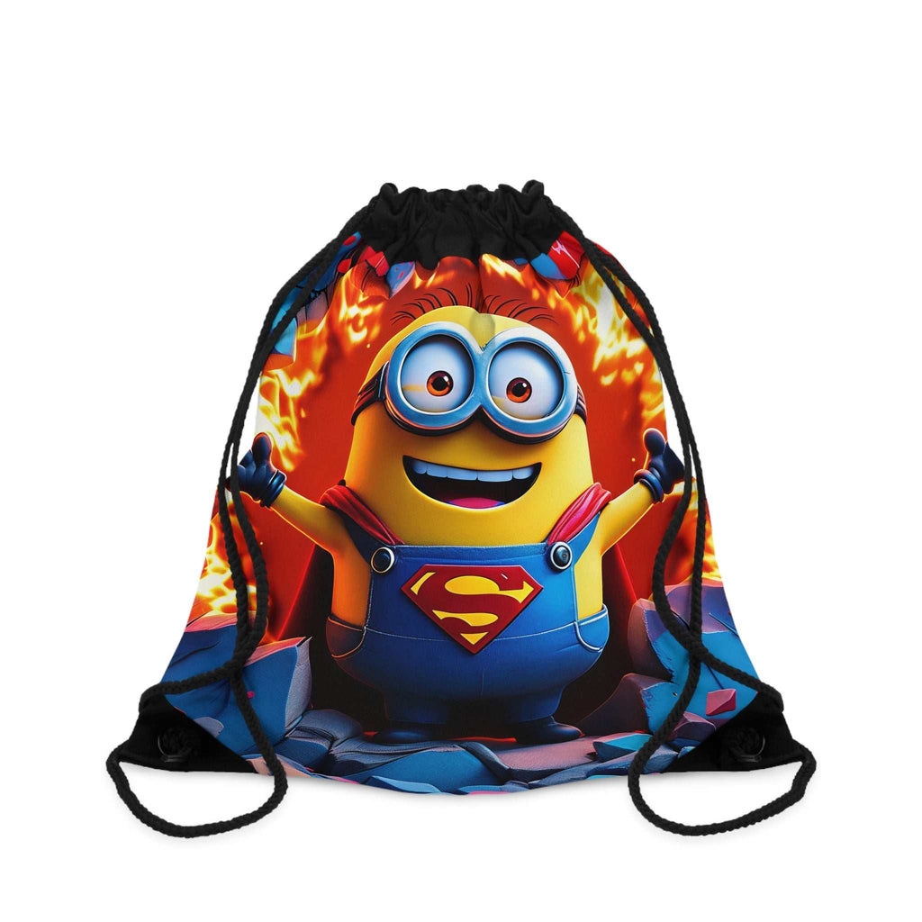 Minion Superman drawstring bag with vibrant superhero design, lightweight polyester, durable with reinforced corners, spacious interior, and comfortable shoulder straps.