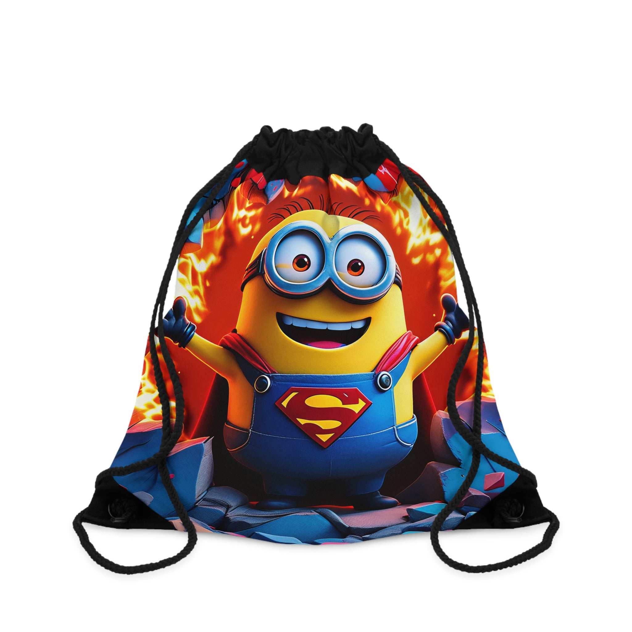 Minion Superman drawstring bag with vibrant superhero design, lightweight polyester, durable with reinforced corners, spacious interior, and comfortable shoulder straps.