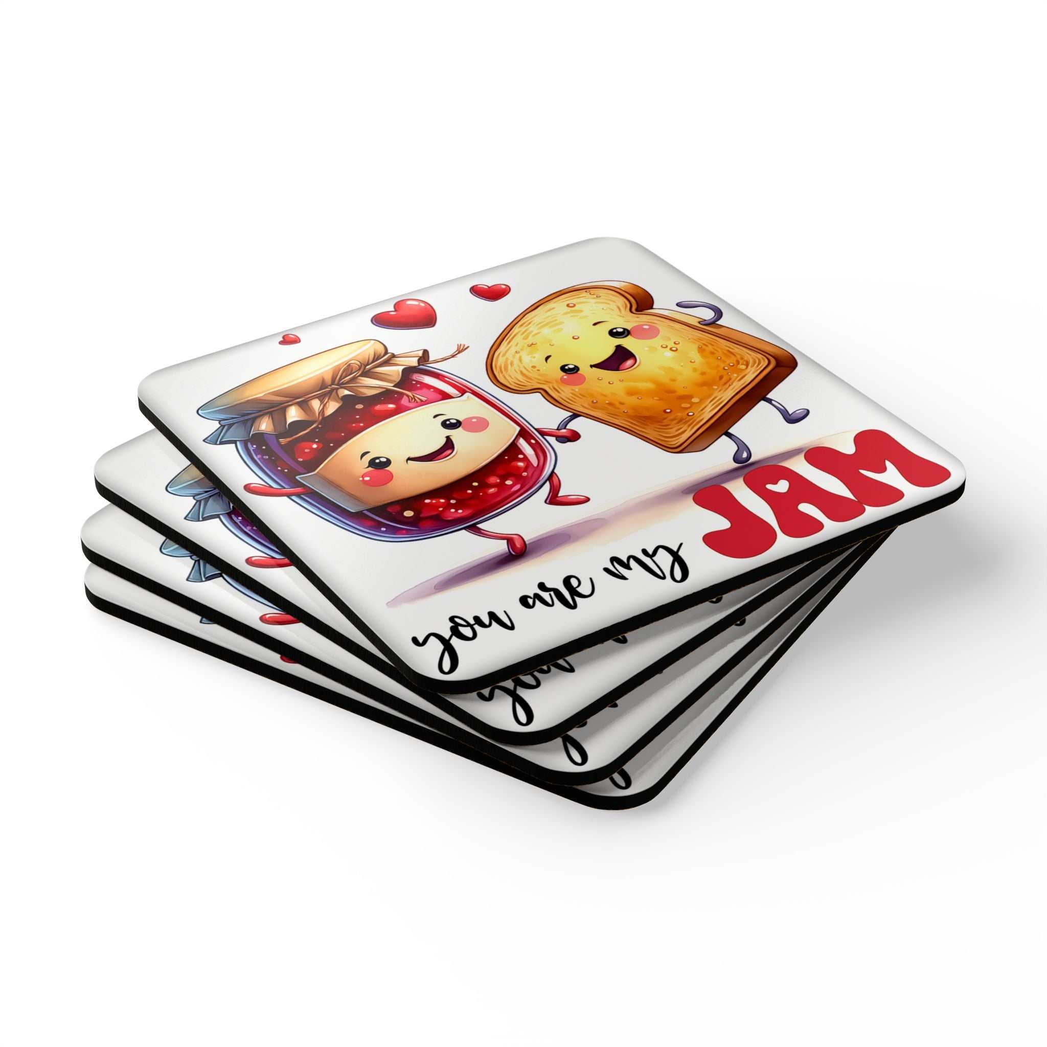 You Are My Jam Coaster Set with playful jam and toast design, 4-piece water-repellent and heat-resistant coasters.