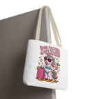 fun unicorn travel tote bag with cheeky design and colorful handles
