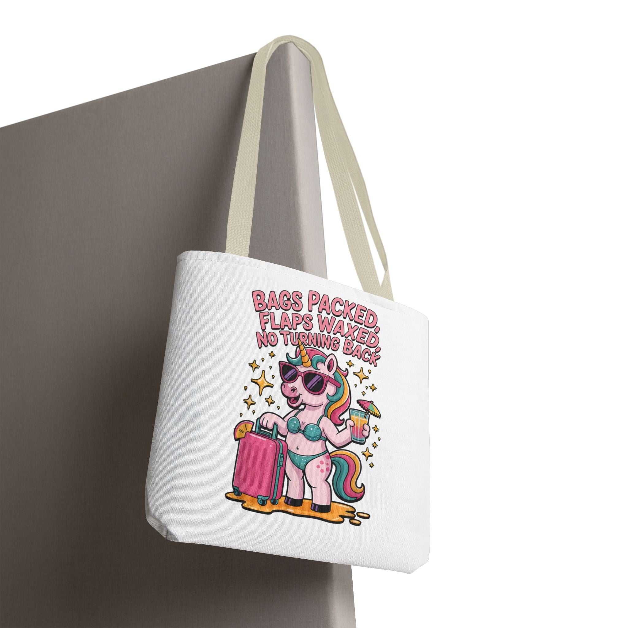 fun unicorn travel tote bag with cheeky design and colorful handles