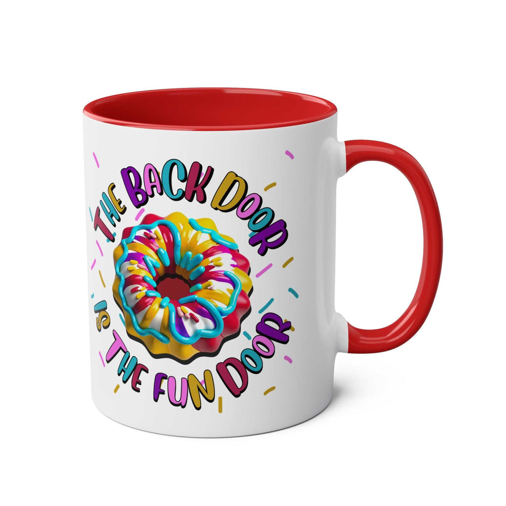 The Back Door is the Fun Door Mug with cheeky text in vibrant colors on a glossy ceramic cup