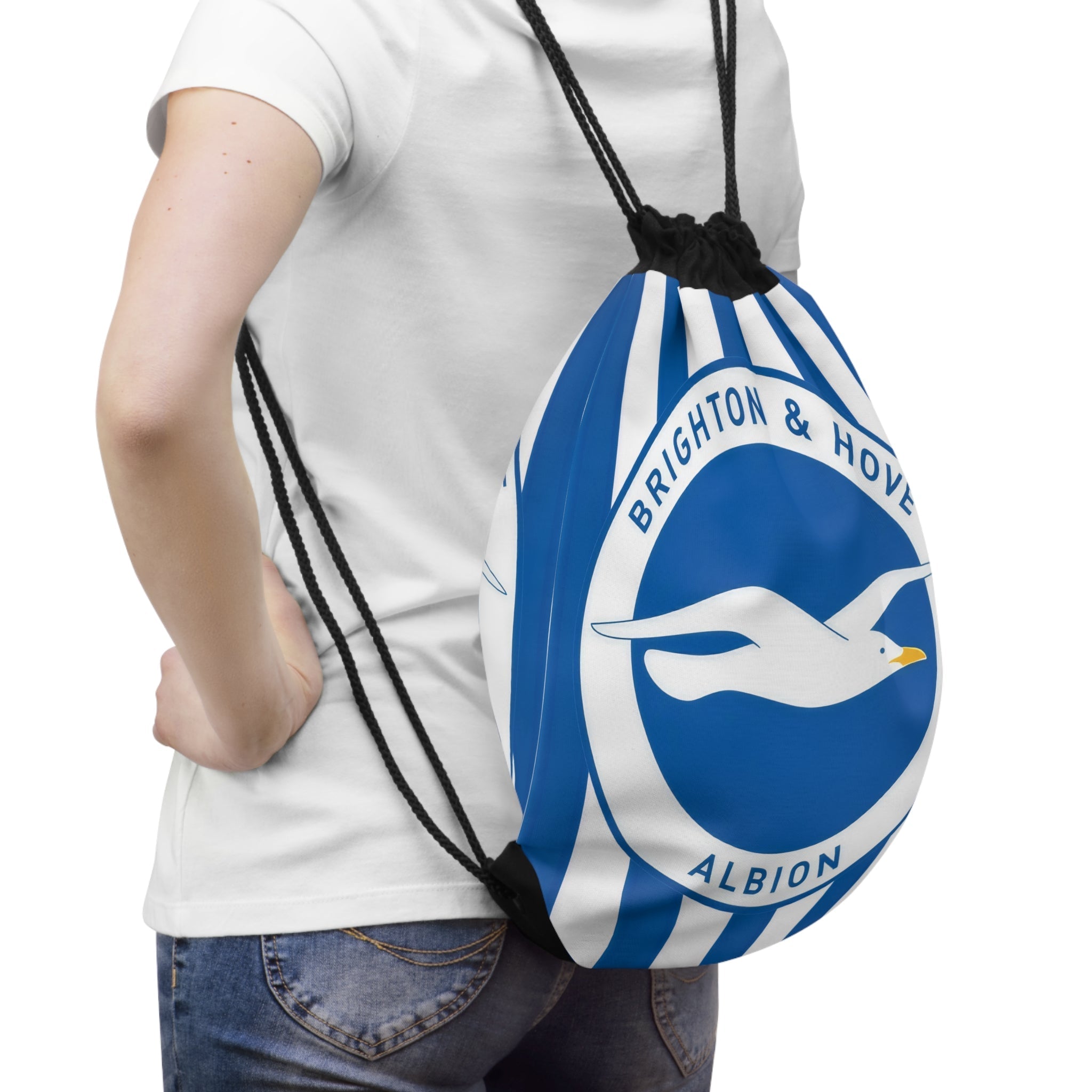 Brighton FC drawstring bag in blue and white with club crest, lightweight polyester, durable and spacious, ideal for gym, school, or travel.