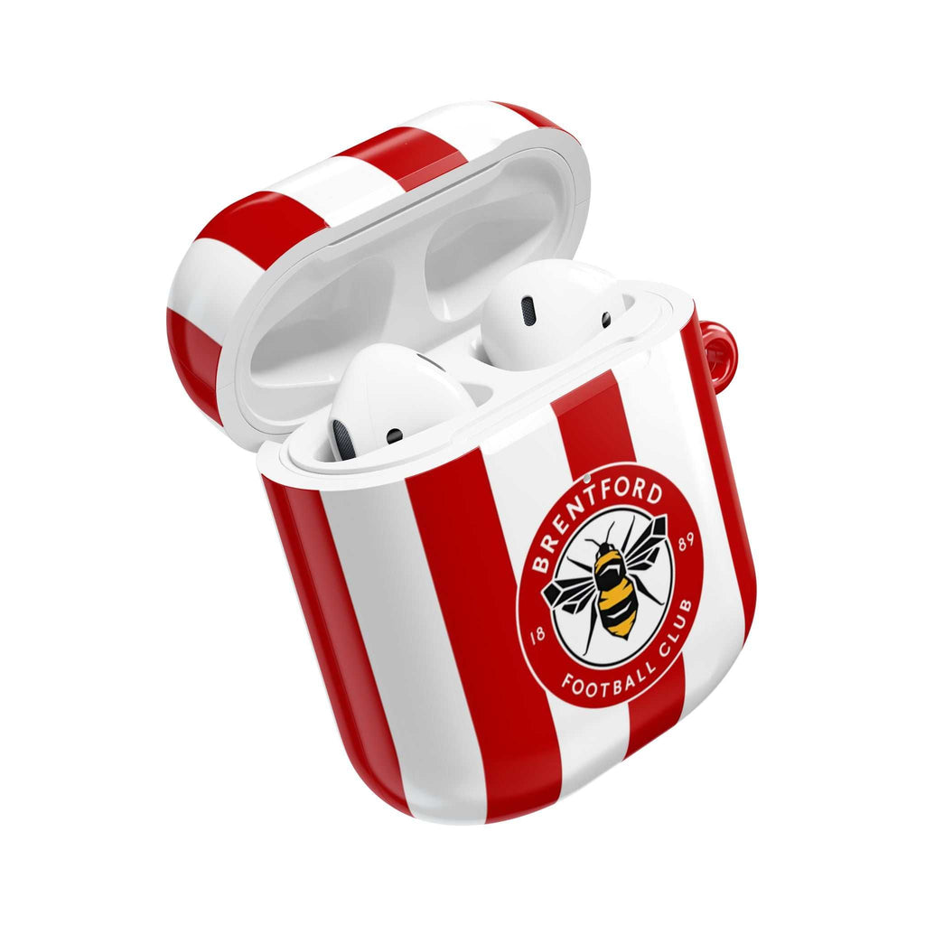 Brentford FC AirPods protective case with red and white stripes and bee crest, shock-resistant and wireless charging compatible