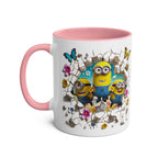 Fun Minion themed coffee mug with colorful character design, pink handle and interior, 11oz ceramic.