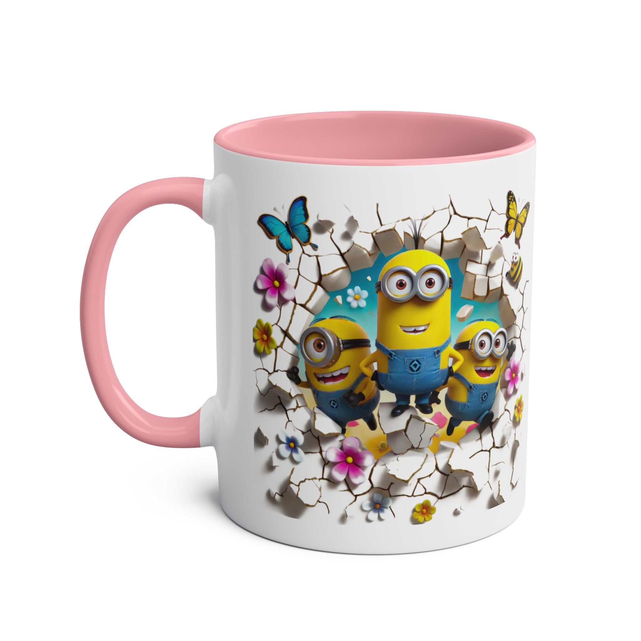 Fun Minion themed coffee mug with colorful character design, pink handle and interior, 11oz ceramic.