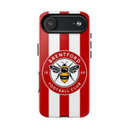 Brentford FC MagSafe iPhone case with red and white stripes and bee logo