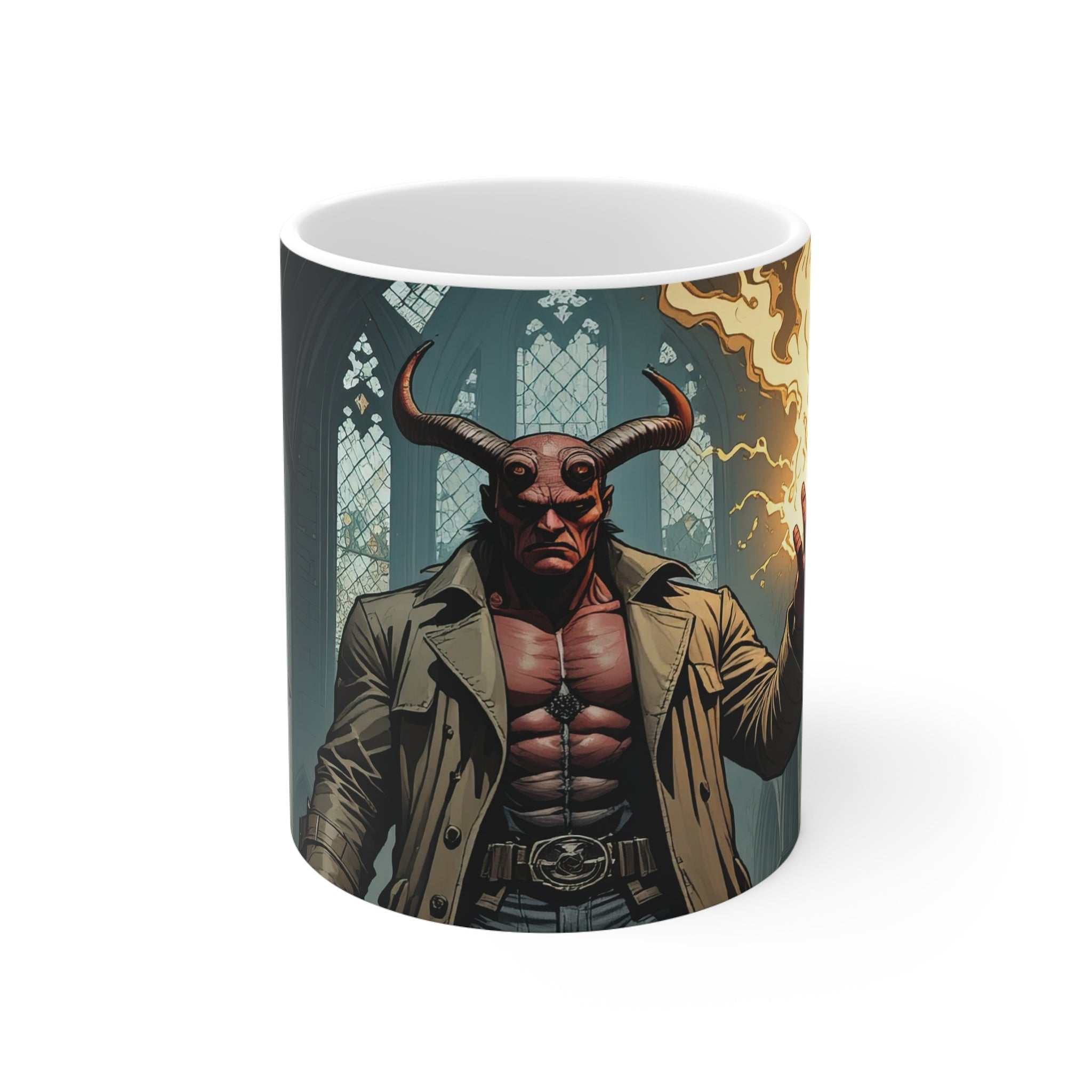 Ceramic Hellboy-inspired comic mug with glossy finish featuring a demon hero illustration holding fire in a gothic setting, microwave and dishwasher safe.