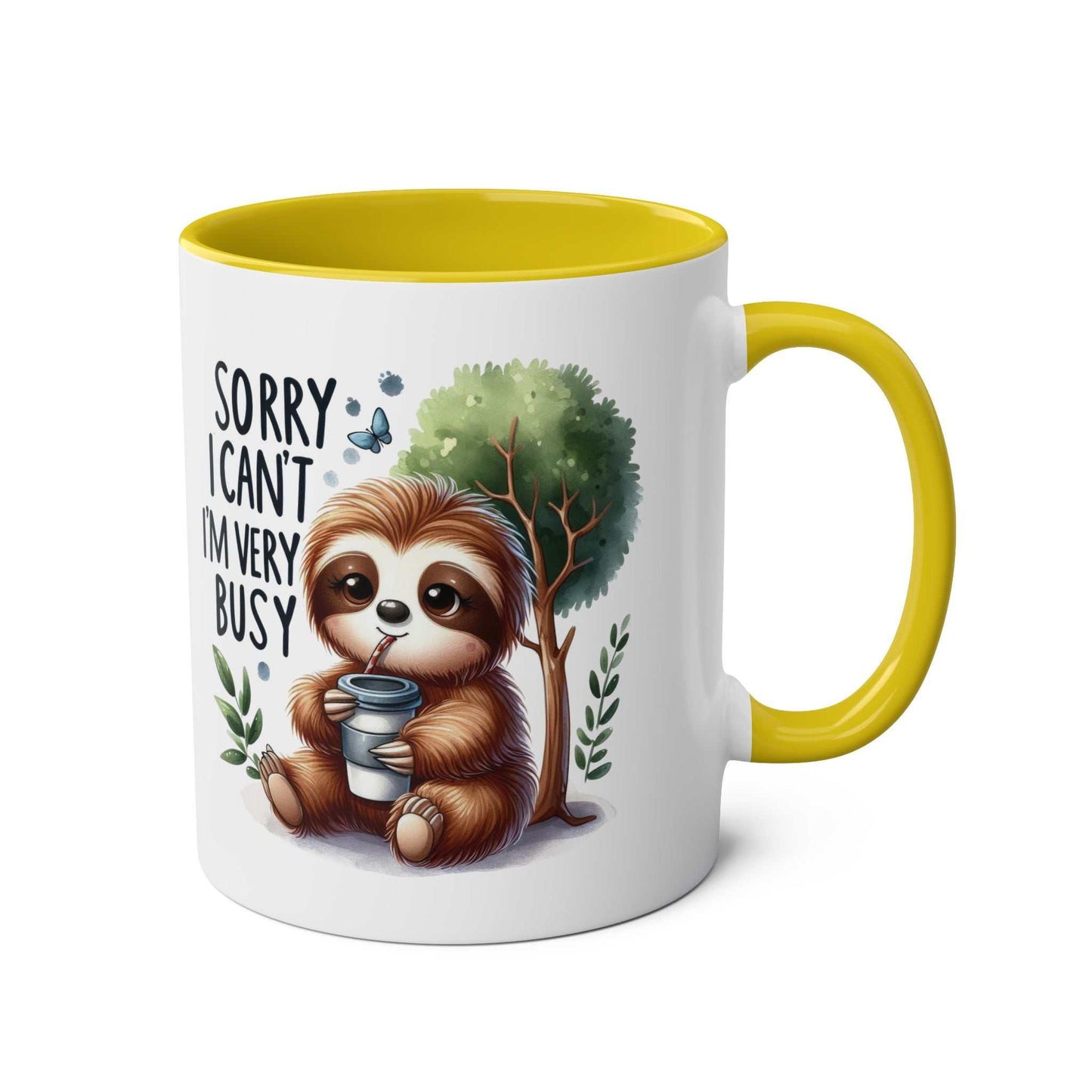 cute sloth coffee mug with yellow interior and whimsical design