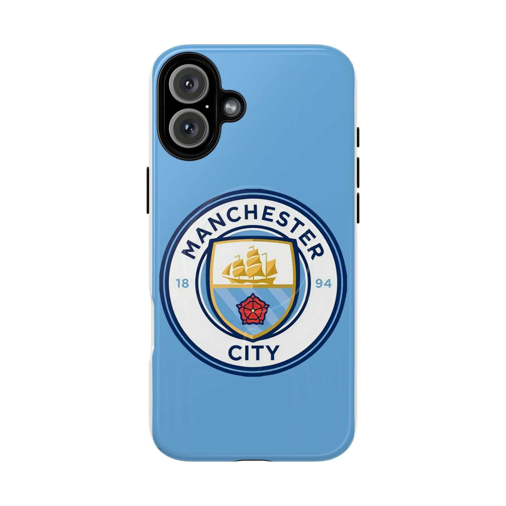 Manchester City MagSafe iPhone case with sky blue color and official-inspired logo, dual-layer protection, and MagSafe compatibility