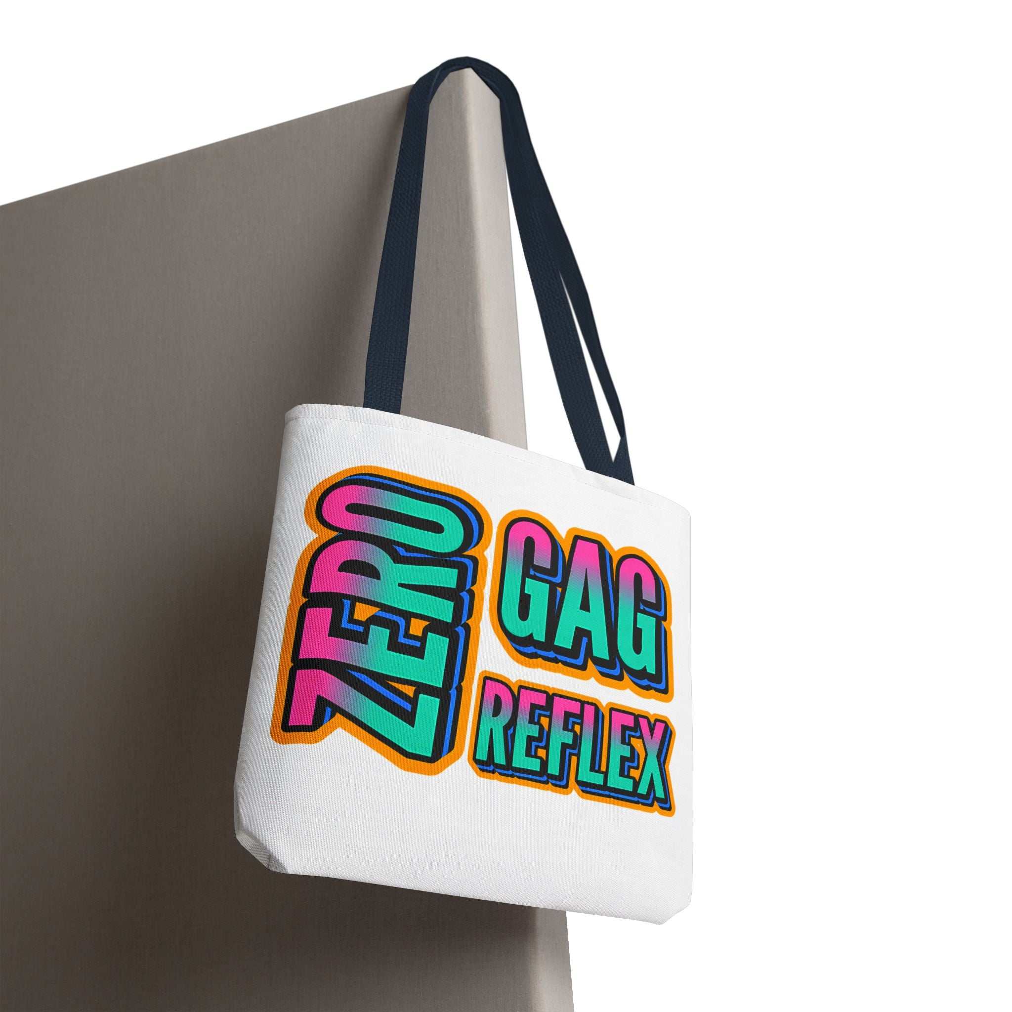 Zero Gag Reflex Tote Bag with cheeky design, available in three sizes, durable spun polyester, multiple handle colors, lightweight and reusable tote bag
