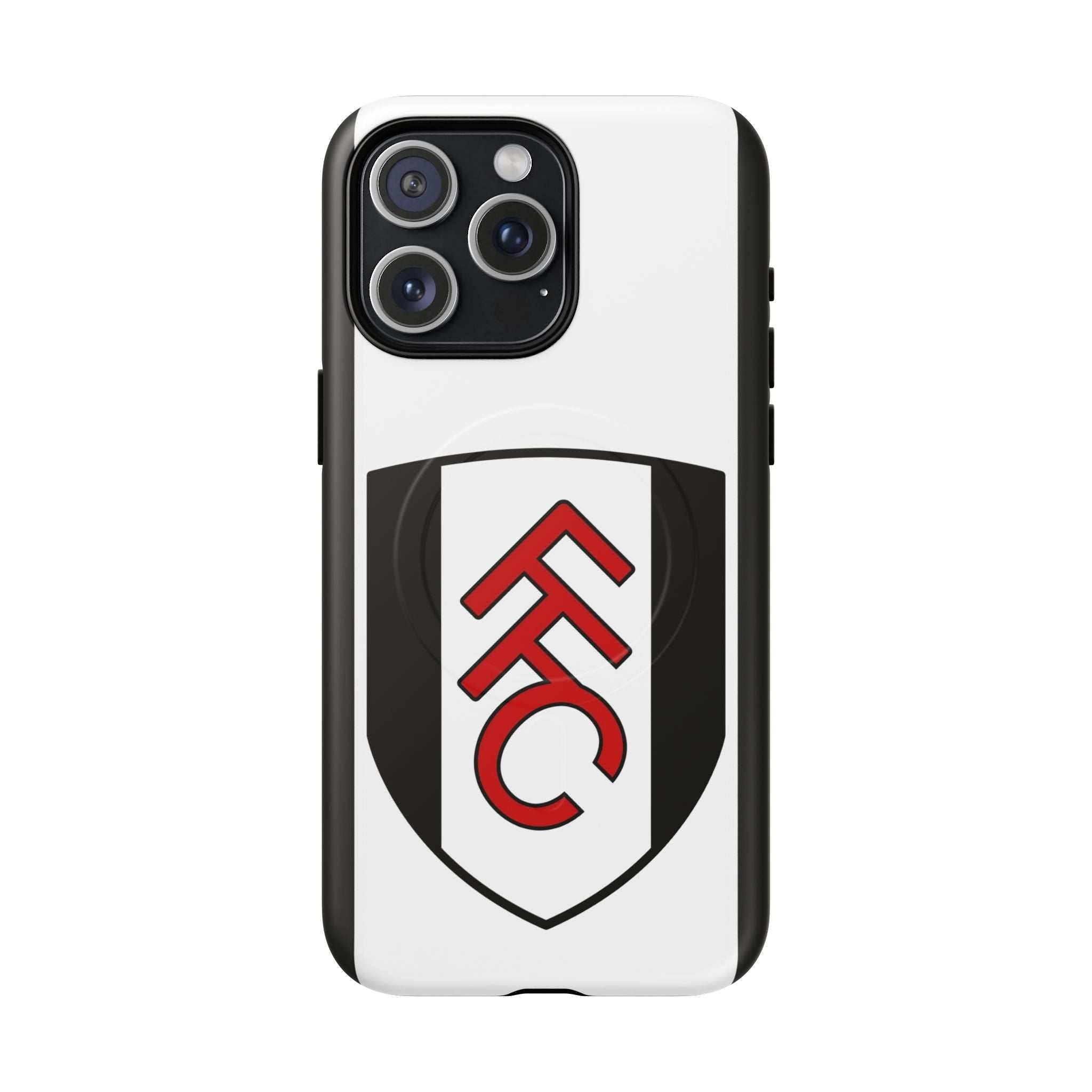 Fulham FC MagSafe iPhone case with black and white design, dual-layer protection, and MagSafe compatibility