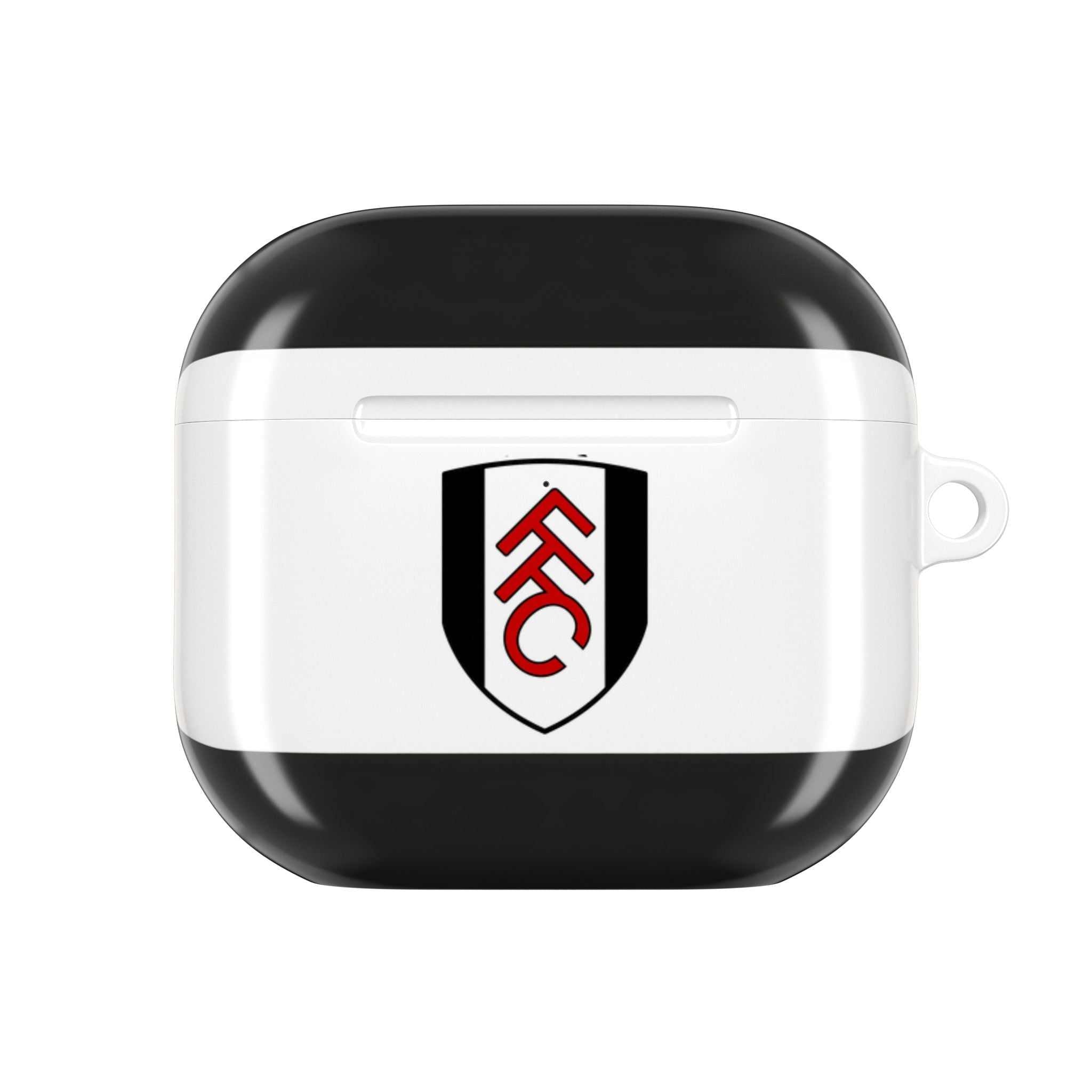 Fulham FC AirPods Pro protective case with black and white club colors and crest, shock-resistant and wireless charging compatible