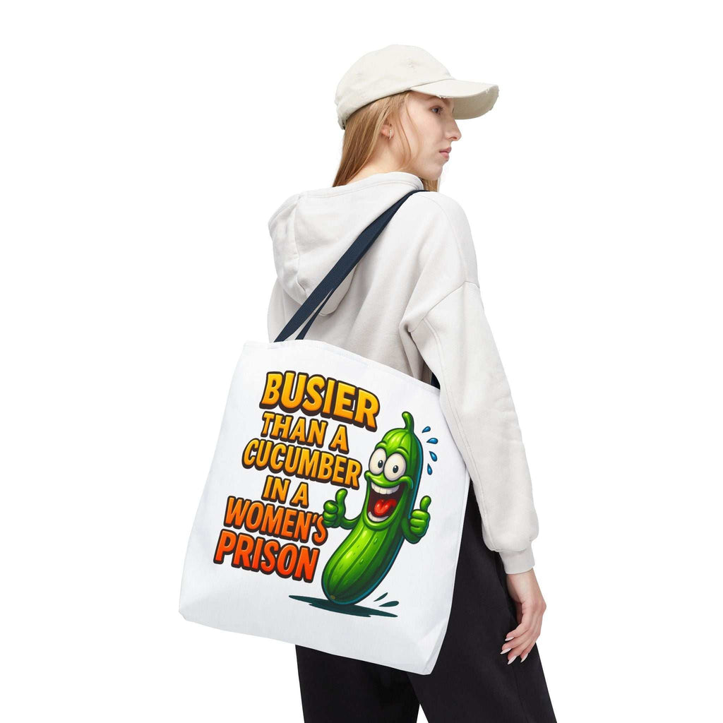 Busier Than a Cucumber Tote Bag cheeky reusable tote pouch with colorful handles and durable spun polyester fabric