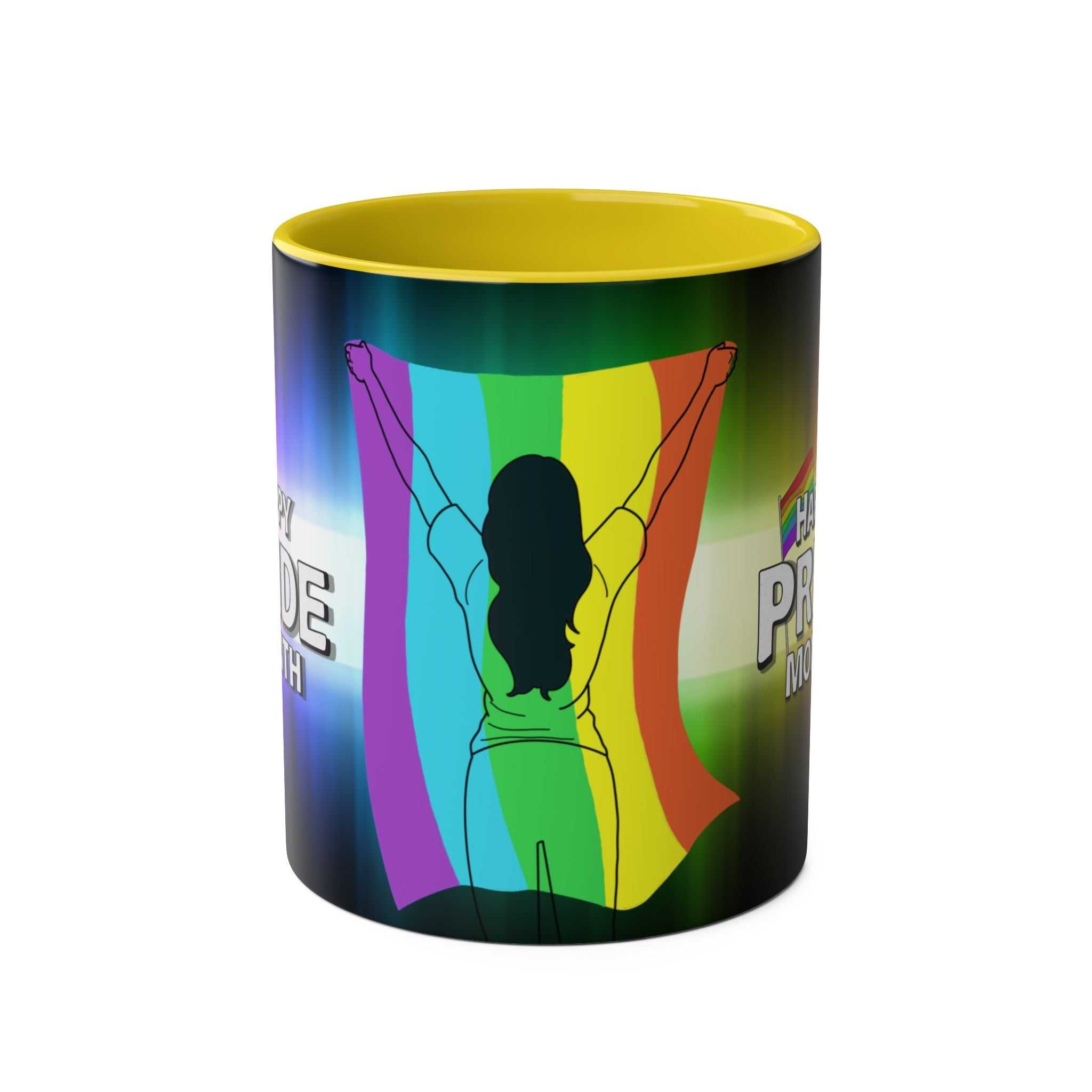 LGBTQ+ Pride mug with vibrant rainbow design and silhouette holding flag, 11oz ceramic, glossy finish.