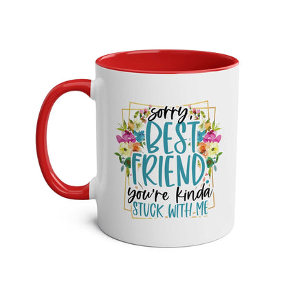 Best Friend Coffee Mug with colorful floral design and red handle.