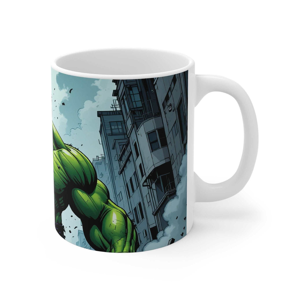 Hulk themed superhero coffee mug with vibrant ceramic design, glossy finish, microwave and dishwasher safe.