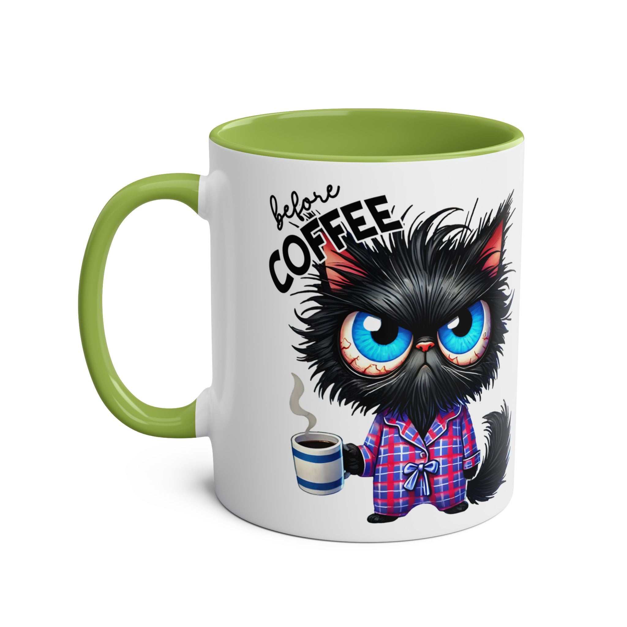 Fun sarcastic coffee mug with cat design, green handle, and glossy finish.