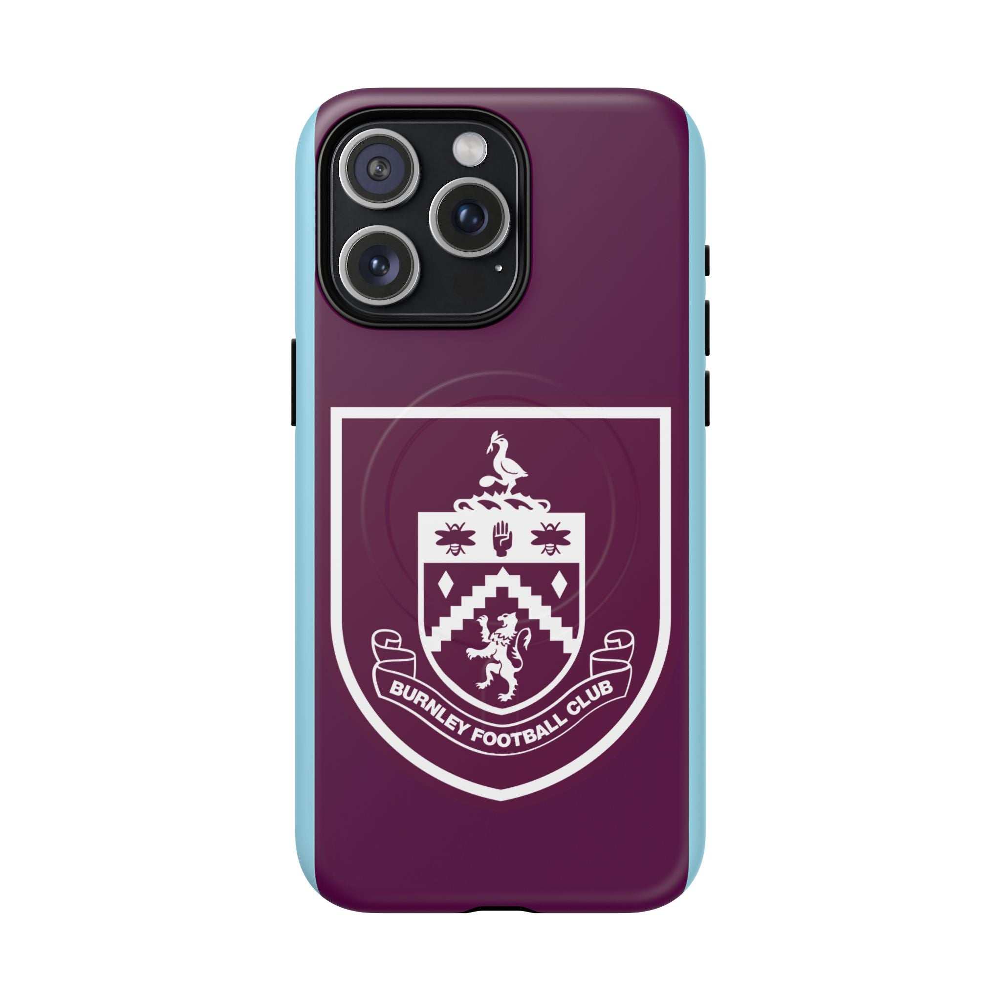 Burnley FC MagSafe iPhone case with claret and blue colors, official-inspired crest, dual-layer protection, and MagSafe compatibility