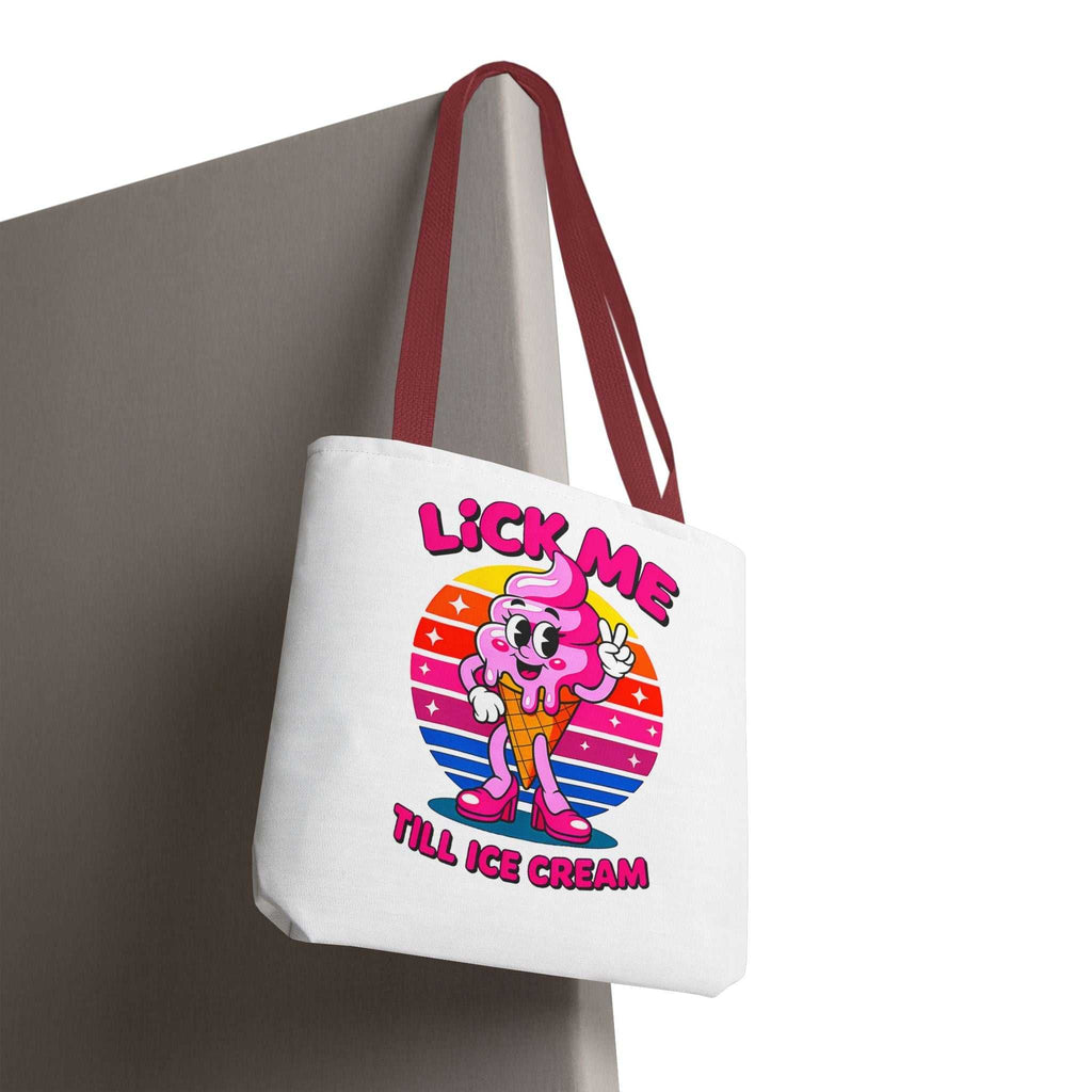 Lick Me Till Ice Cream Tote Bag with cheeky design and durable spun polyester fabric