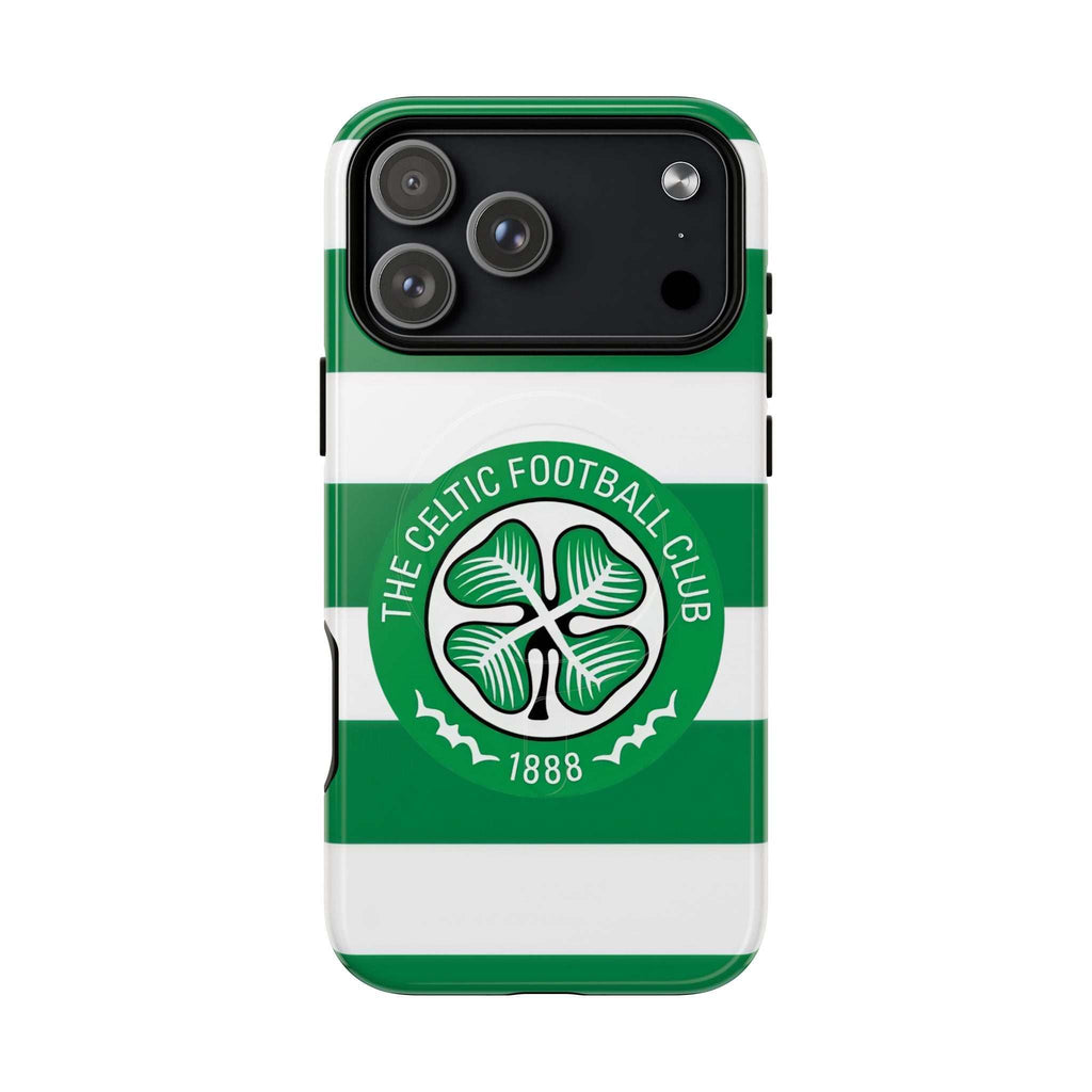 Celtic MagSafe iPhone case with green and white stripes and football club crest, dual-layer protection and MagSafe compatibility