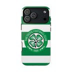 Celtic MagSafe iPhone case with green and white stripes and football club crest, dual-layer protection and MagSafe compatibility