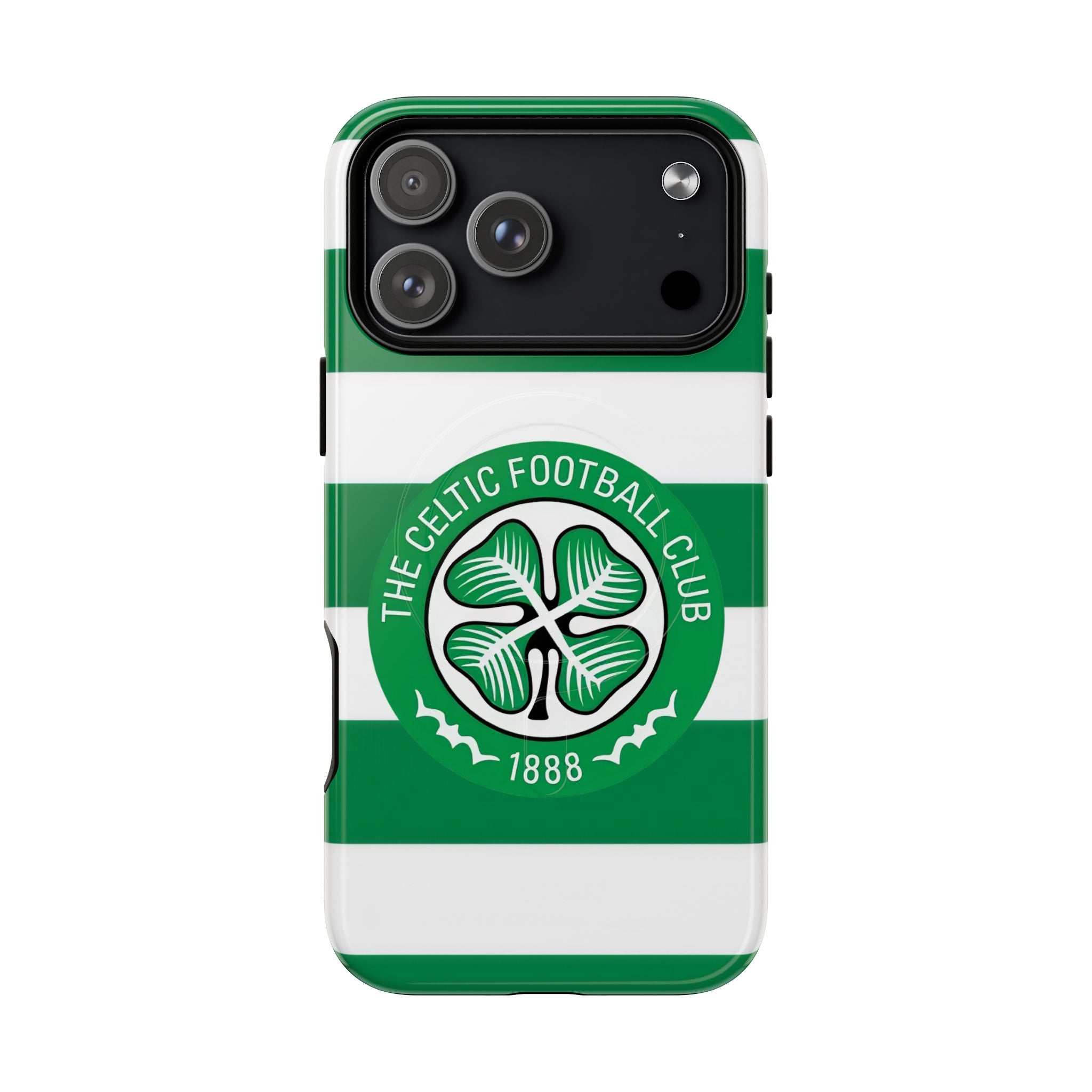 Celtic MagSafe iPhone case with green and white stripes and football club crest, dual-layer protection and MagSafe compatibility