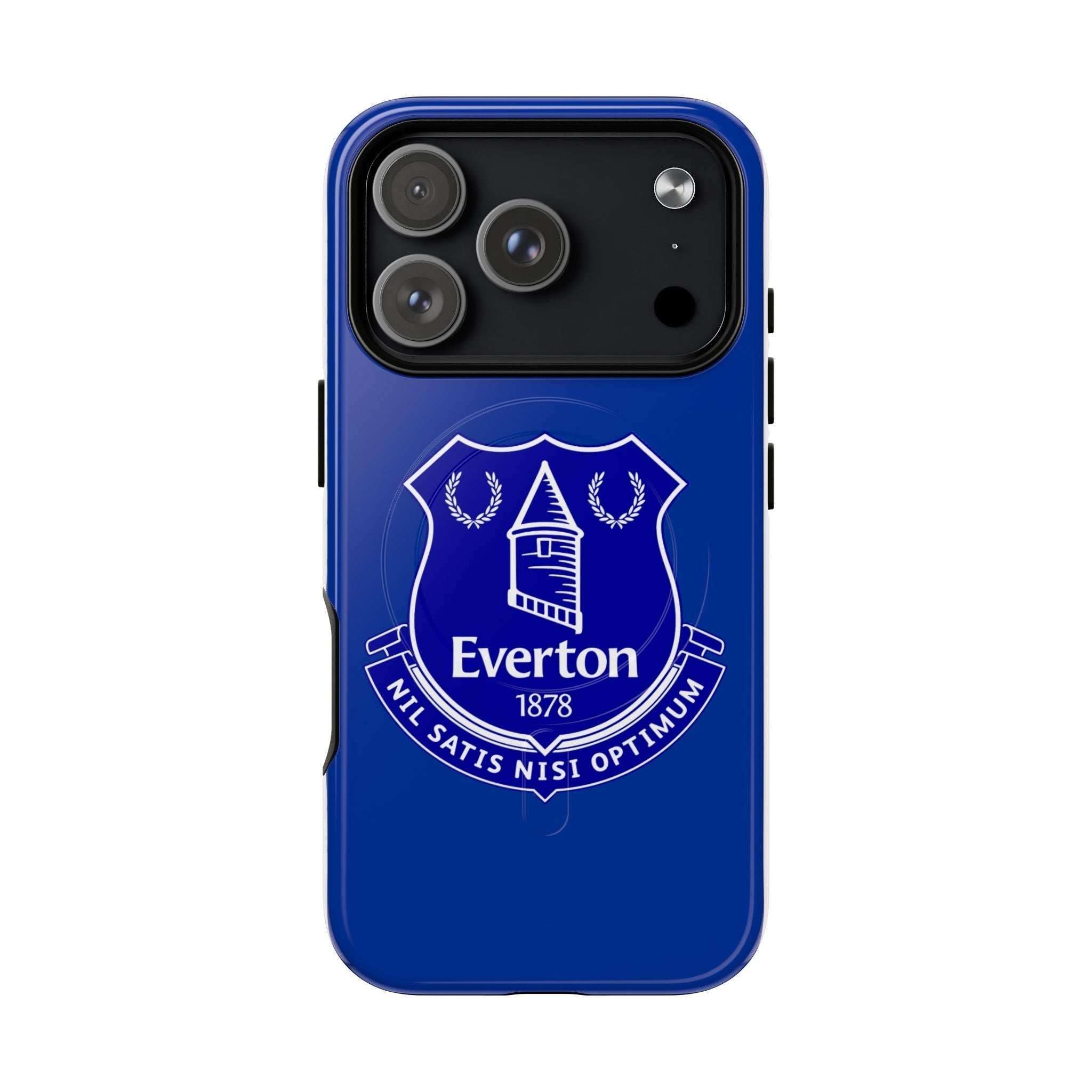 Everton FC MagSafe iPhone case in royal blue with club crest, dual-layer protection, and MagSafe compatibility