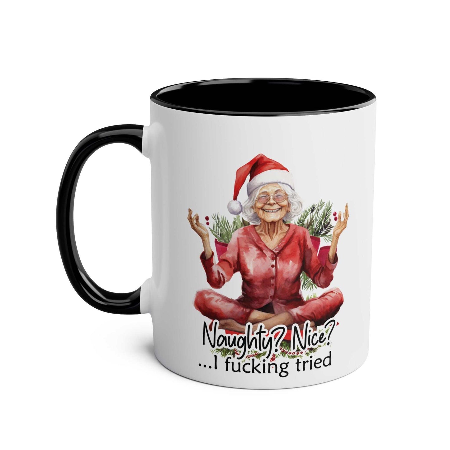 Sweary Granny Christmas Mug with a cheeky festive design, Santa hat, and humorous text.