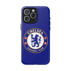 Chelsea FC MagSafe iPhone case with royal blue color and club crest, slim dual-layer protection, and MagSafe compatibility