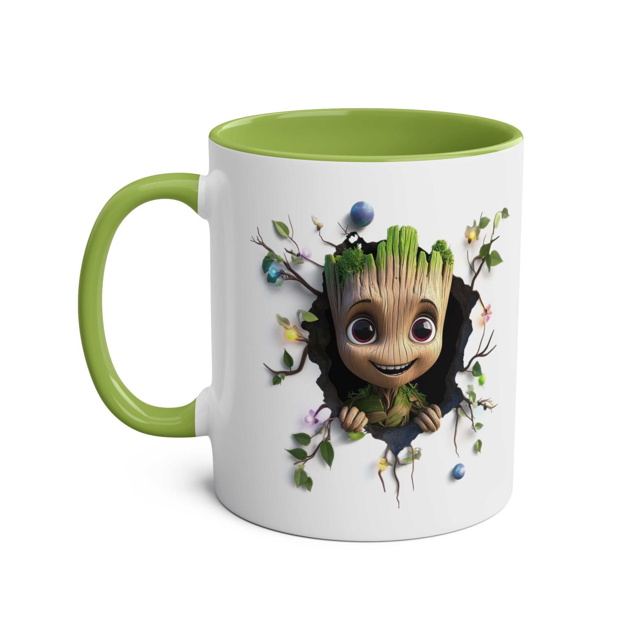 Baby Groot themed coffee mug with playful design, glossy finish, and green handle.