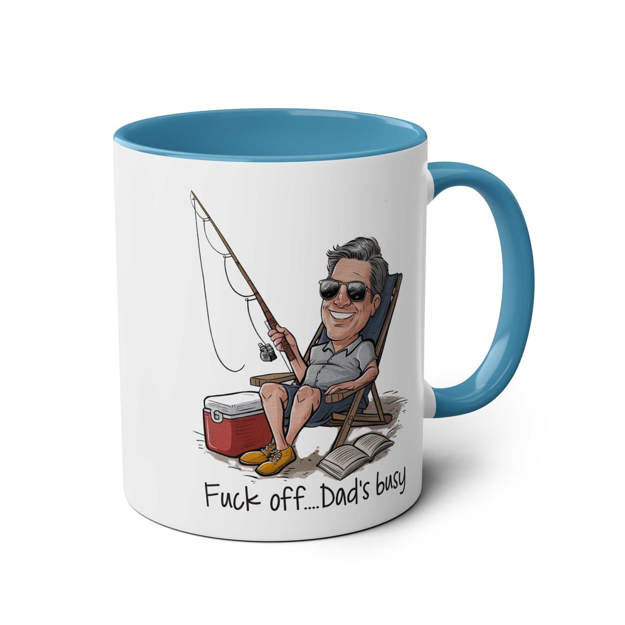 Fun Fathers Day Gift Mug with humorous fishing design and blue interior.