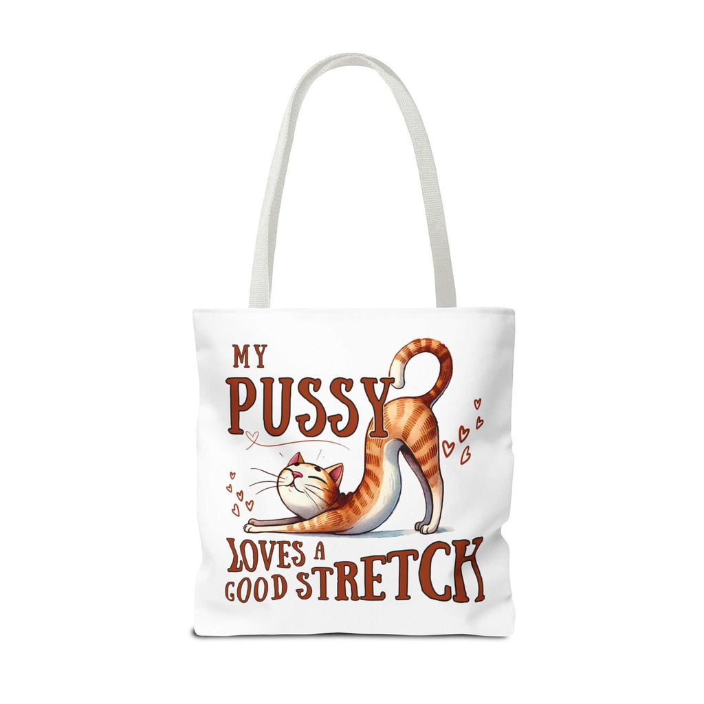 Fun Stretching Cat Tote Bag with cheeky design, durable polyester, and colorful handles for everyday use