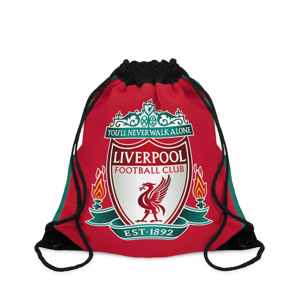 Liverpool FC red drawstring bag with club crest and sturdy black cords, lightweight polyester for sports and daily use
