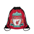 Red Liverpool FC drawstring bag with club crest, durable polyester, and spacious interior for gym or daily use