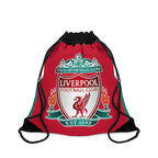 Liverpool FC red drawstring bag with club crest and sturdy black cords, lightweight polyester for sports and daily use