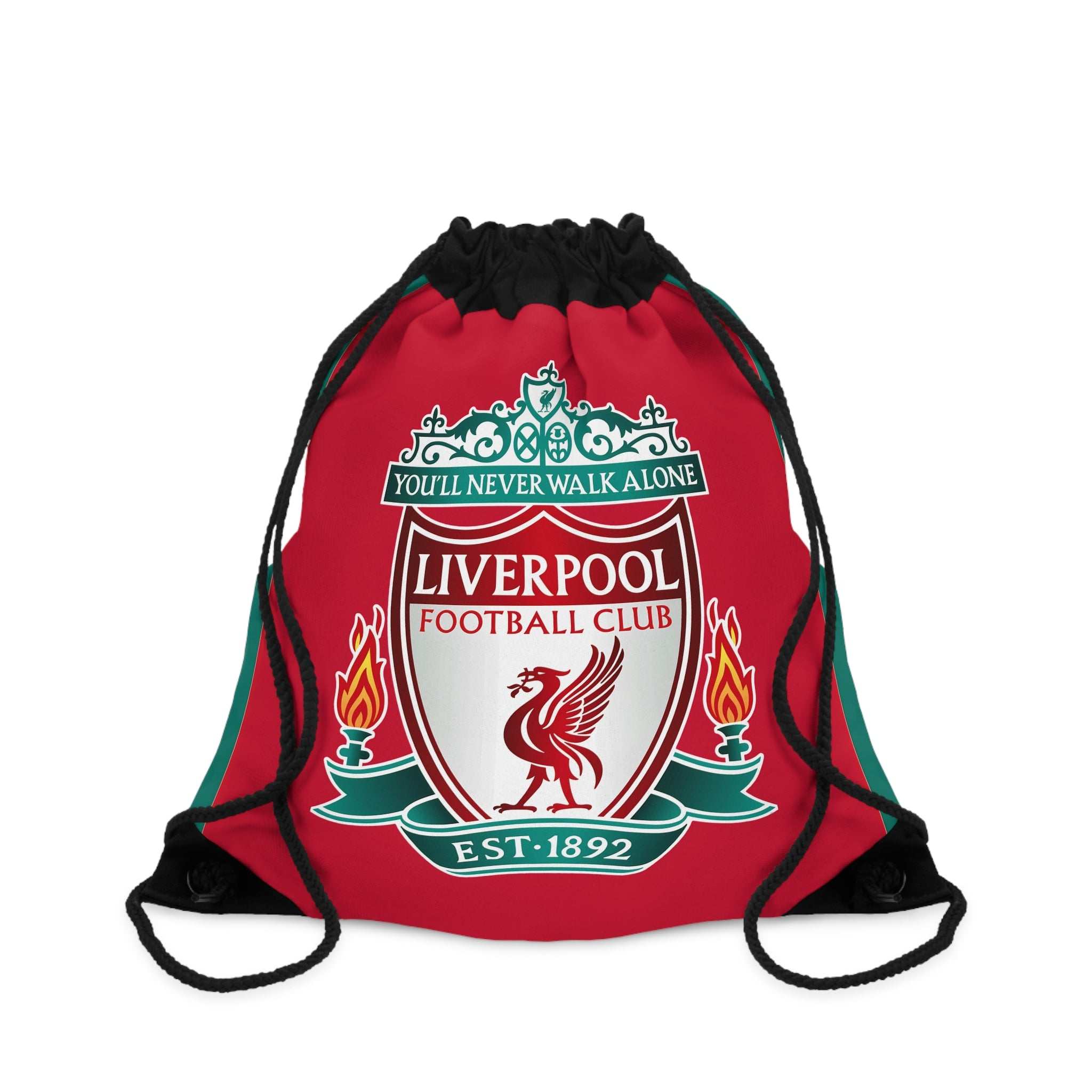 Liverpool FC red drawstring bag with club crest and sturdy black cords, lightweight polyester for sports and daily use