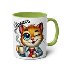 Fun Sarcastic Coffee Mug with Cat and "Fully Caffeinated" Design, Green Handle, 11oz Ceramic