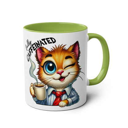 Fun Sarcastic Coffee Mug with Cat and "Fully Caffeinated" Design, Green Handle, 11oz Ceramic